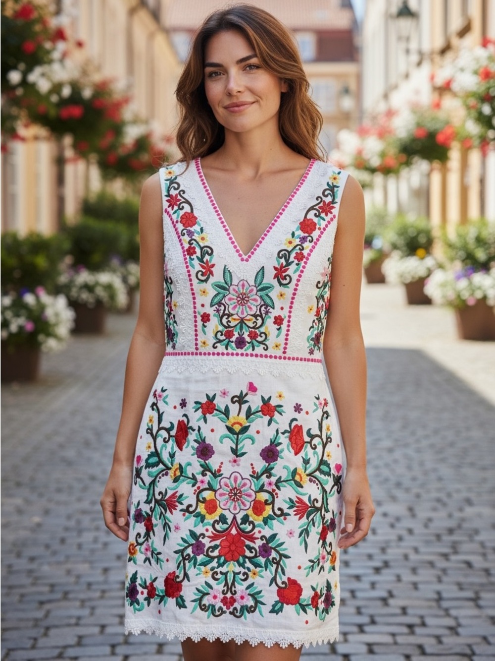 NEW Boden Connie white embroidered V-Neck Summer Dress linen US 8 UK 12